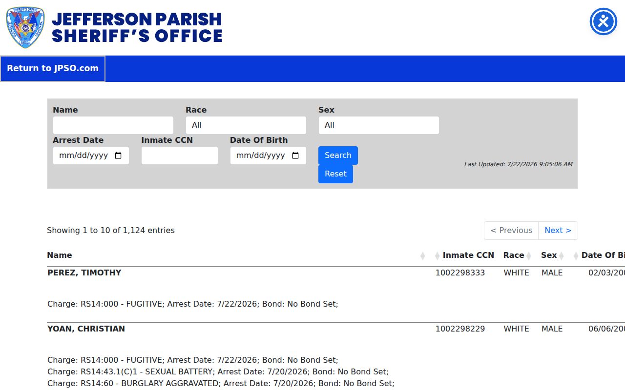 Jefferson Parish released inmate current custody search fields